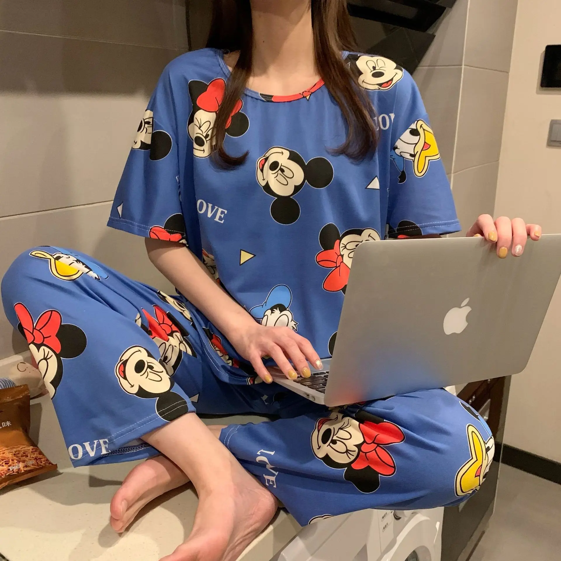 Disney cartoon Mickey and Minnie print pajamas women's summer cute short-sleeved trousers thin two-piece suit casual home wear