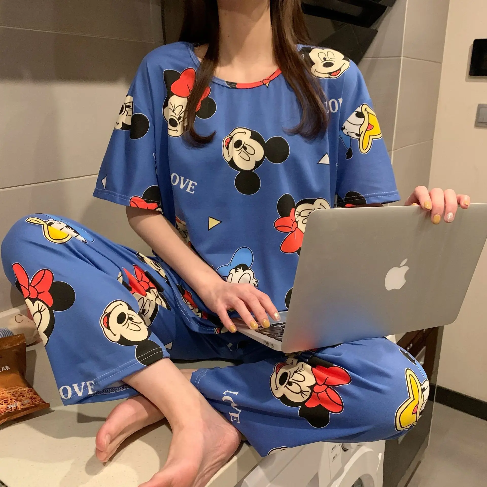 Cotton pajama set Summer home clothes set Disney cartoon Mickey and Minnie print pajamas women's summer short-sleeved trousers two-piece suit casual home wear