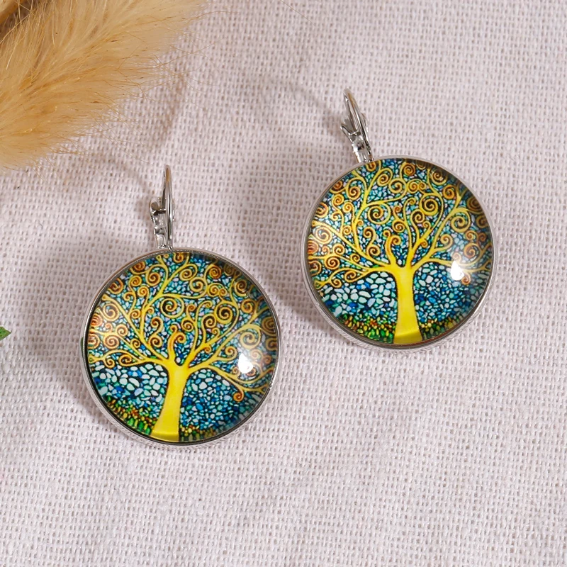 

Tree of Life Time Gemstone Silver Color Earrings Earrings French Women Ear Hooks Flowers Butterfly Glass Dome Jewelry for Women