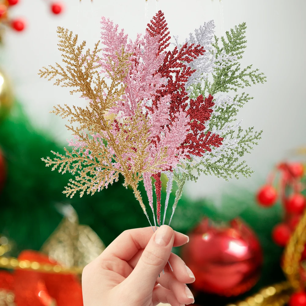 Lot De 4 Branches De Sapin De Noël Artificielles Avec Paillettes Dorées - 23 Cm, Décoration Creuse Pour Arbre, Couronne, Centre De Table - 8