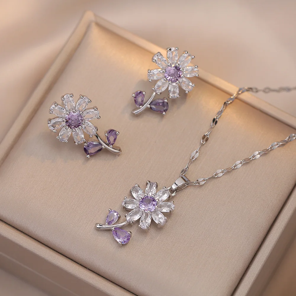bridal jewelry sets Ins Plant Sunflower Stud Earrings Pendants Silver Gold Color Chains Necklaces Women Purple Zircon Collar Jewelry Sets Gifts