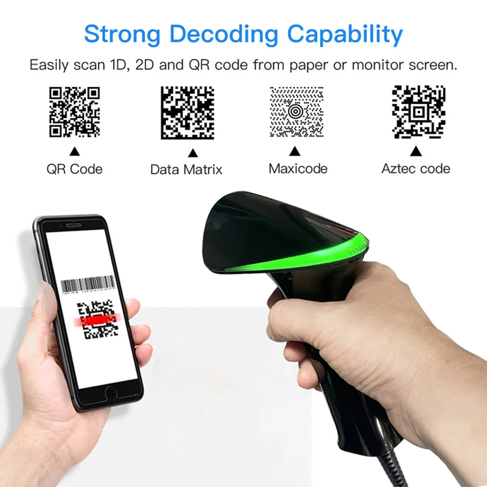 2D Wired QR Barcode Scanner Handheld USB Bar Codes Reader Data Matrix CMOS Image Automatic Scanner