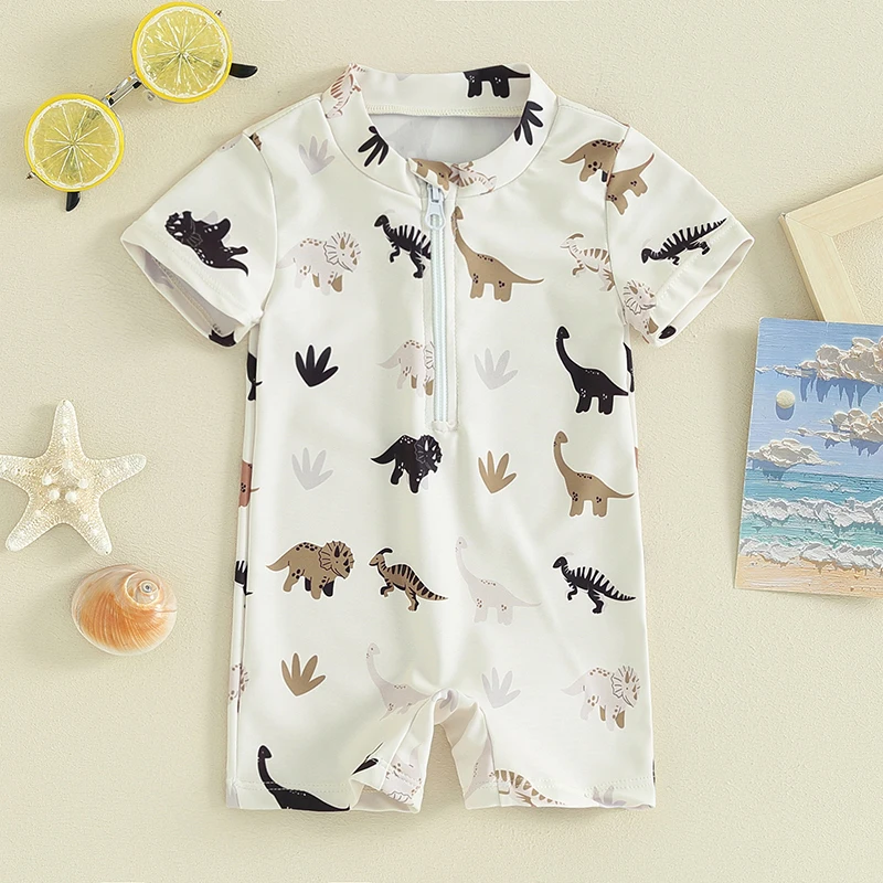 

Toddler Baby Boy Swimsuit Tree Dinosaur Print Zip Up Short Sleeve Jumpsuit Bathing Suit Beachwear Swimwear