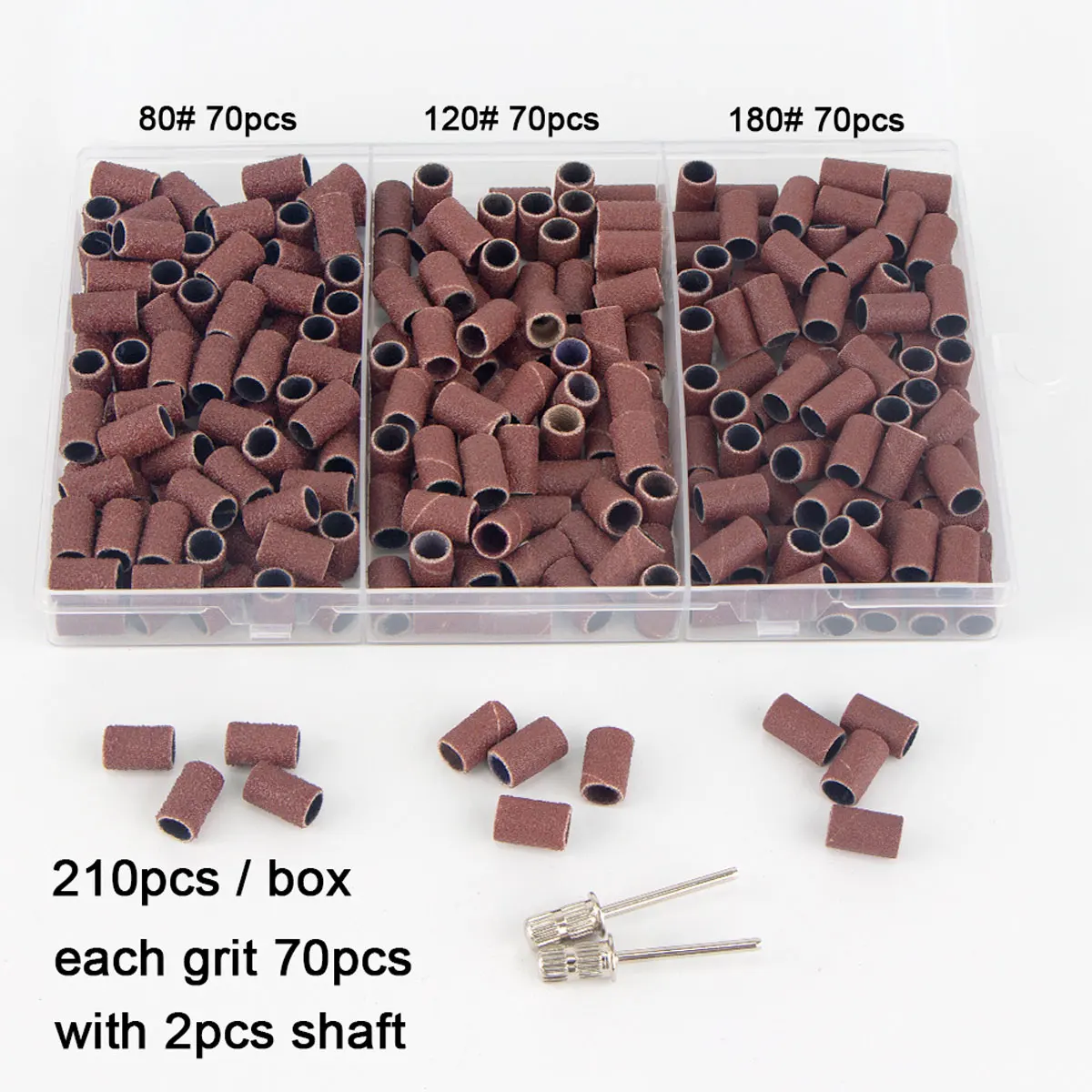 210Pcs/Box Sanding Bands With 2Pcs Shaft Set Foot Care Polishing Nail Gel Polish Remover Tools Milling Cutter Nail Dril Bits
