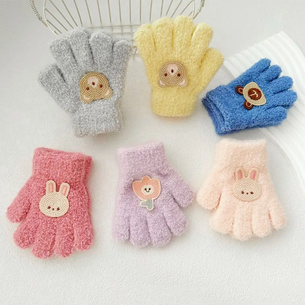 

Rabbit Baby Fluffy Gloves Thicken Korean Style Flower Knitted Solid Color Full Finger Children Gloves
