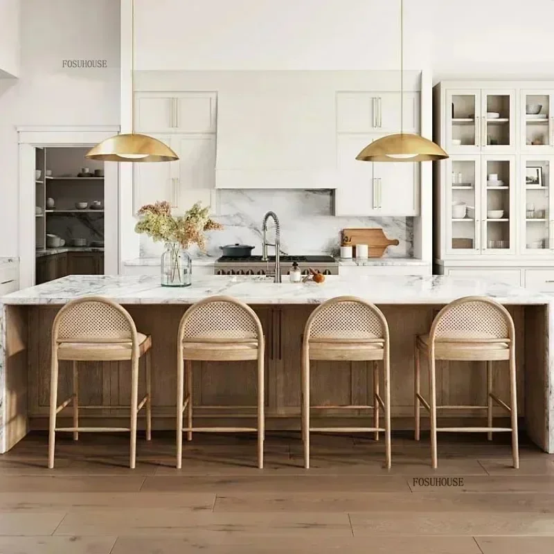 Luxury Woven Rattan Bar Chairs Commercial Barstools Modern Home Furniture Nordic Minimalist Solid Wood Kitchen High Stool H l