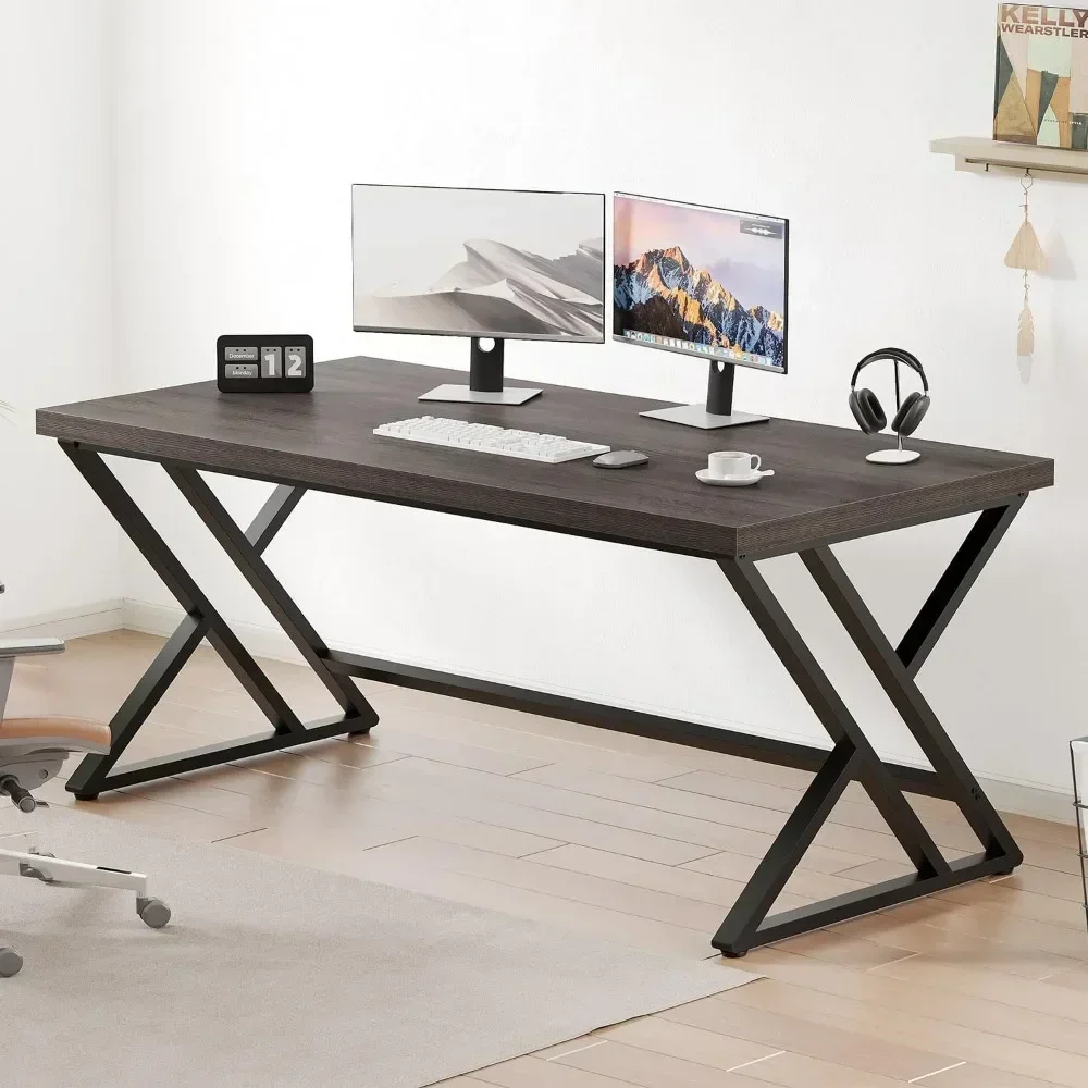 contemporary metal and wood home office desk, industrial style writing table for study and computer use in bedroom, farmhouse in