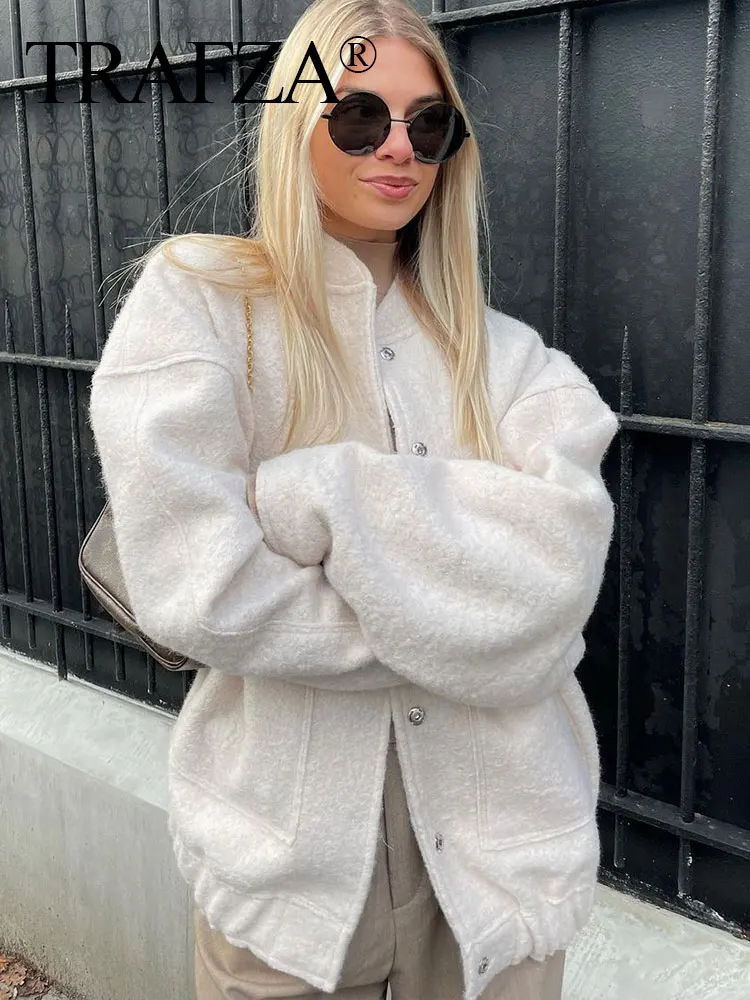 HH Women's Fashion Bomber Jacket Vintage Solid Long Sleeve Single Breasted Coat Female Casual Loose Outerwear Chic Tops