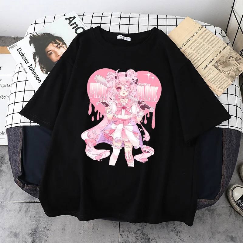 Camisetas femininas grandes kawaii, estampa de música haruku, camiseta curta gótica, manga curta, camiseta feminina preta para mulheres 379_voghion.com