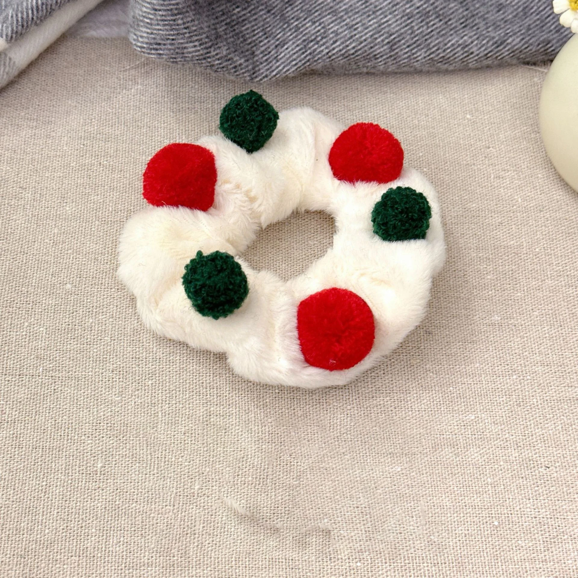 1PC Christmas Pom Pom Scrunchies - Plush Festive Hair Ties with Red Green Poms, Cute Holiday Hair Accessories for Women Girls