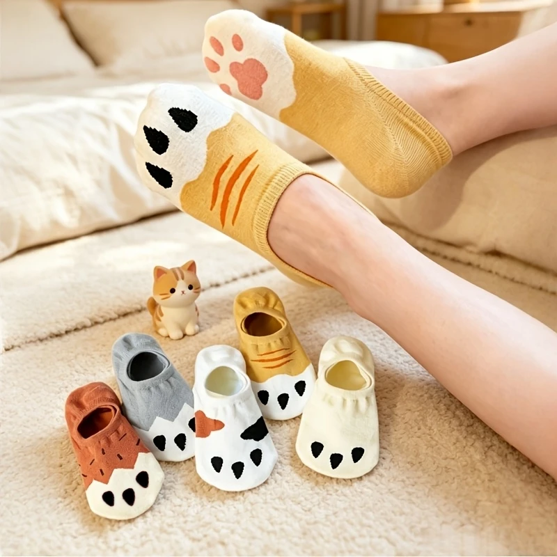 Women Cute Cartoon Cat Paw Print Invisible Socks,Summer No Show Socks,Soft Breathable Low Cut Socks,Boat Socks,Liner Socks
