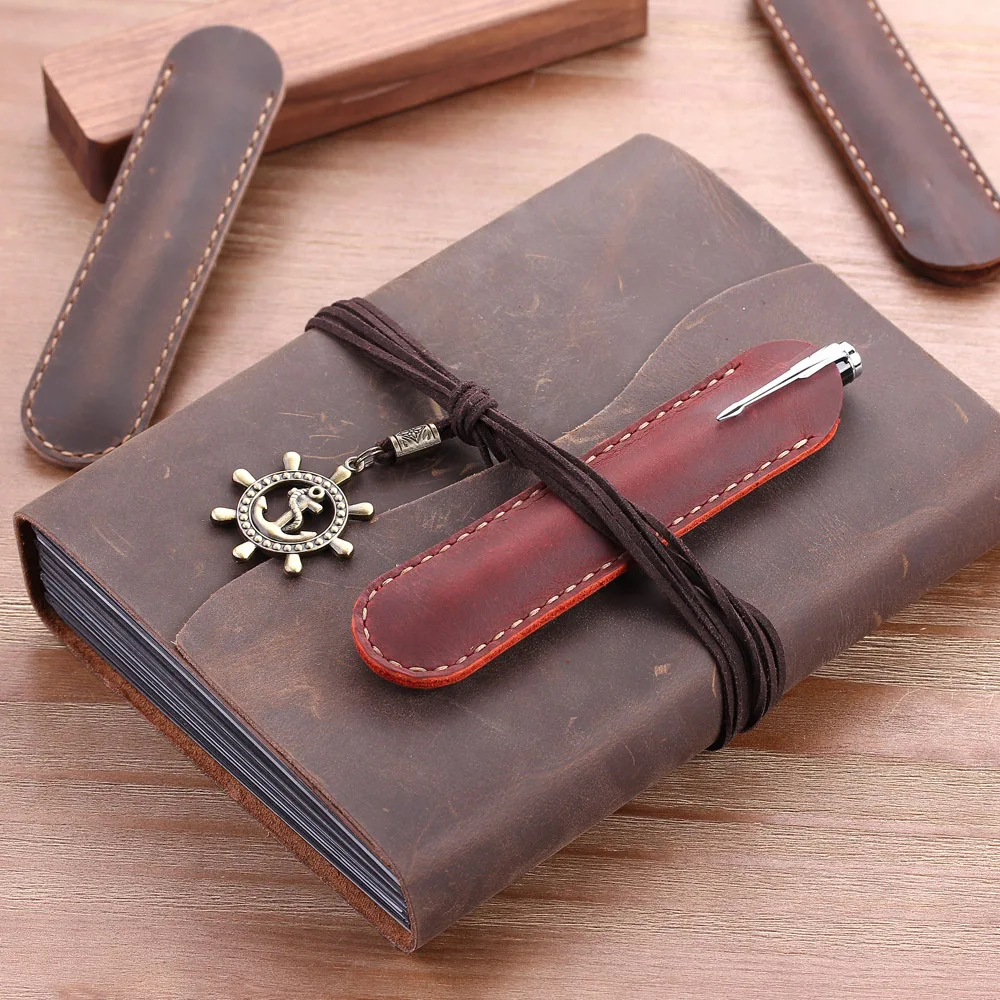 Retro Handmade Genuine Leather Pencil Bag Cowhide Metal Fountain Pen Holders Case Pouch Business Office Gifts School Stationery