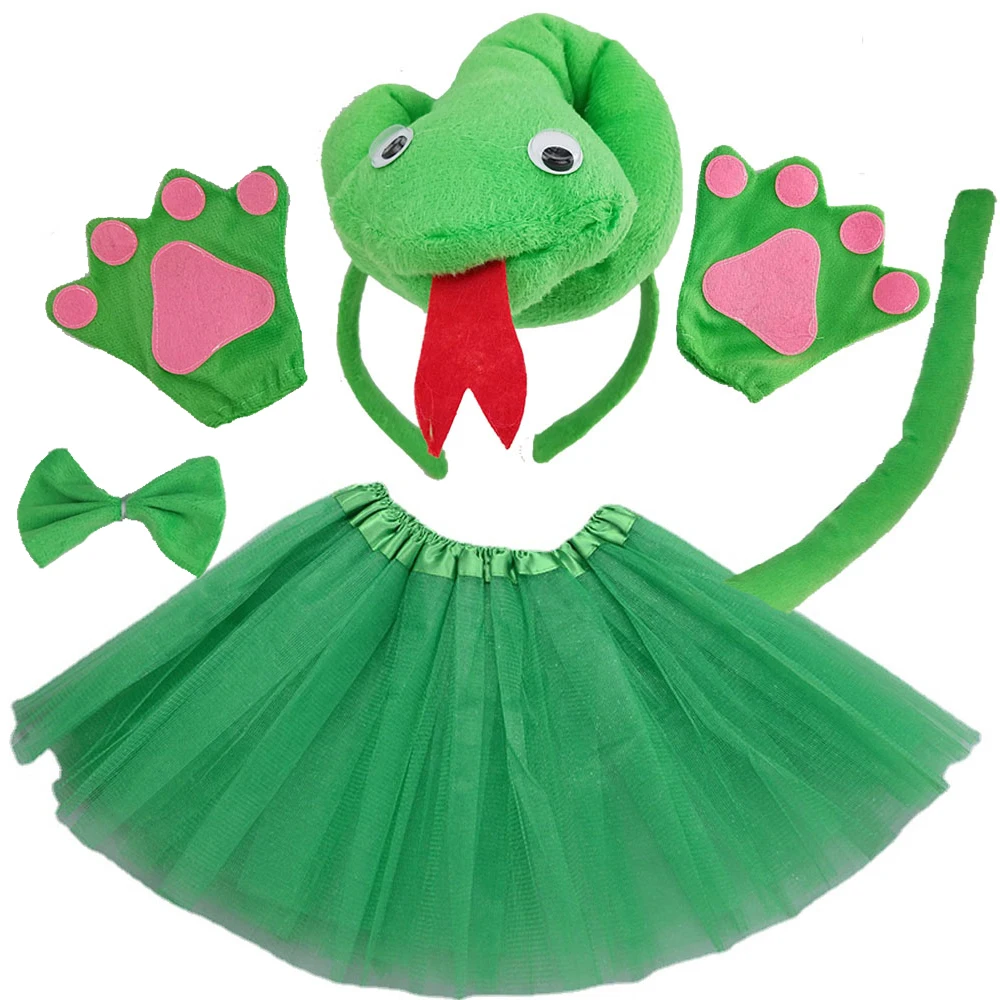 

Children Green Snake Animals Headband Bowtie Tail Tutu Skirt Paw Women Girl Headwear Halloween Costume Cosplay