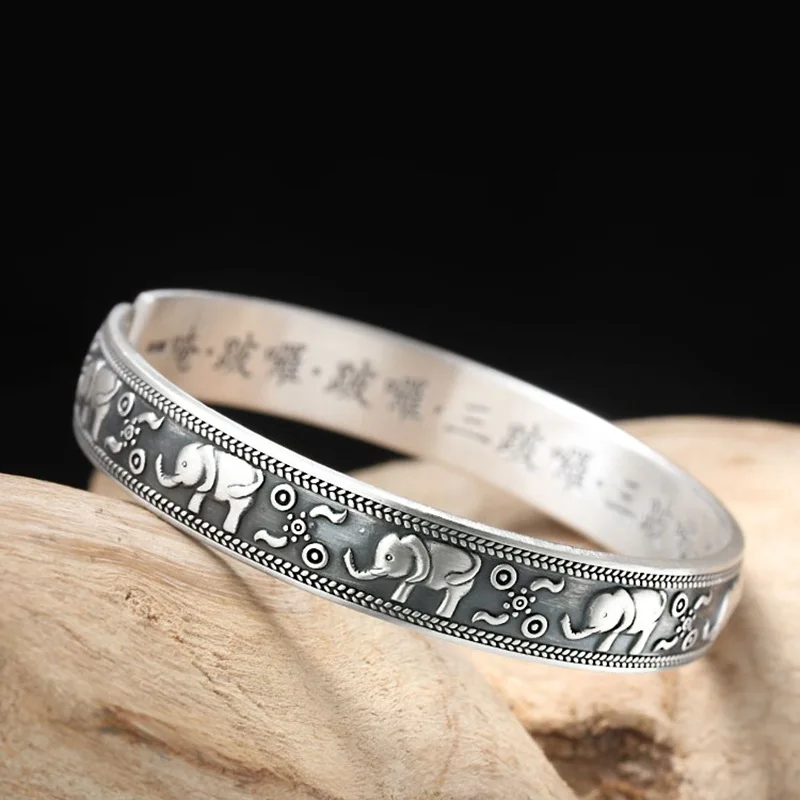 

999Sterling Silver Bracelet Women's Retro Auspicious Elephant Thai Silver Bracelet Open Buddhist Scripture Bracelet Jewelry Gift