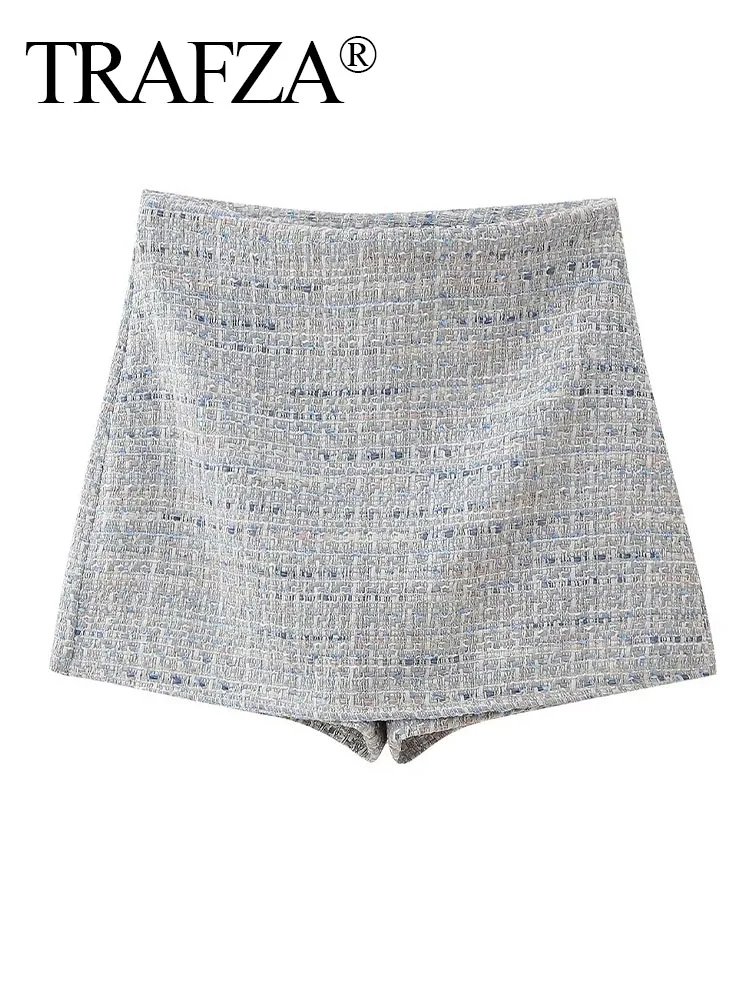 

TRAFZA Women Side Zipper High Waist Shorts Skirt Y2K Elegant Woman Vintage Chic Gingham Texture Slim Casual Mini Culottes