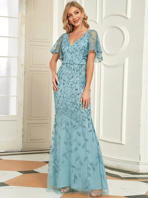 Elegant Evening Dresses Long Lace V-neck Mermaid Short Slee 2022 Ever Pretty Dusty Blue Simple Backless Bridesmaid dress Women 3