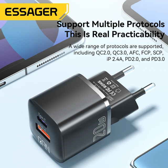 Essager 20W GaN USB Type C Charger PD Fast Charge Phone QC 3.0 Quick Chargers For iPhone 14 13 12 11 Pro Max Mini iPad Charging 5
