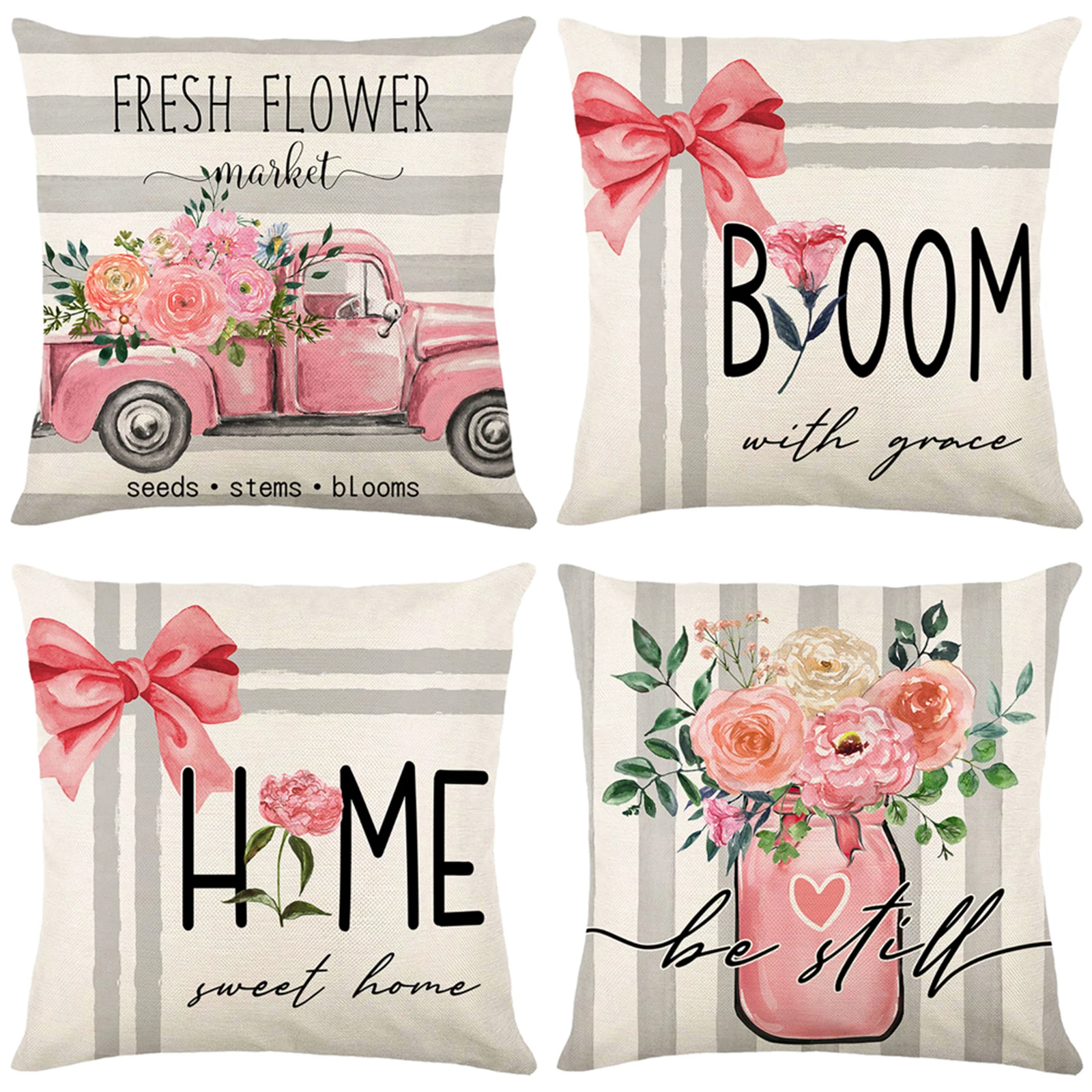 4Pcs Floral Throw Pillow Cases Square Linen Waist Protection Cushion Cover Bed Sofa Pillow Covers Home Decor Pillowcases 45x45CM