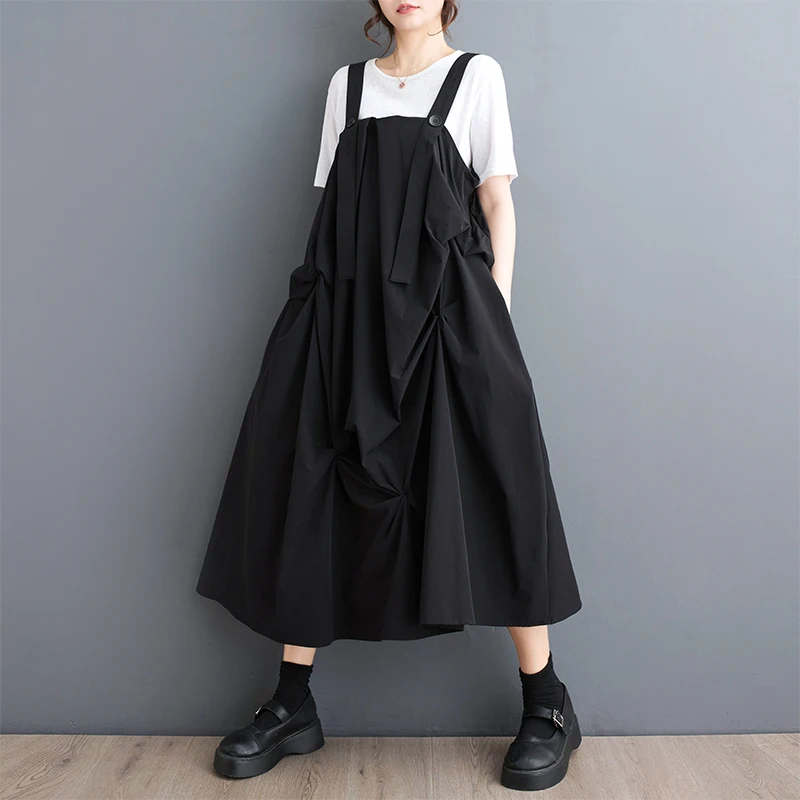 

Japanese Korea Preppy Style Shirring Sleeveless Loose Black Summer Strap Dress Street Fashion Women Casual Long Dress Vestidos