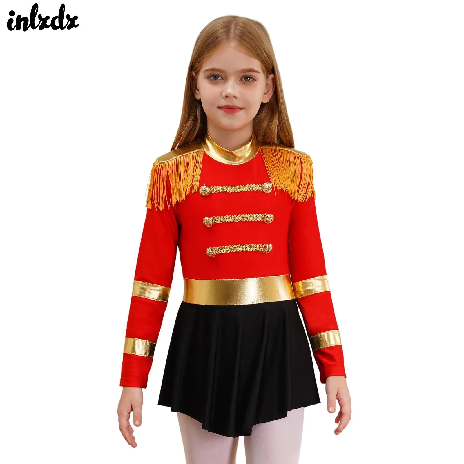Kids Girls Circus Ringmaster Lion Tamer Halloween Outfits Cosplay Costume Fringe Epaulet Jumpsuit Magician Bodysuit Tulle Dress