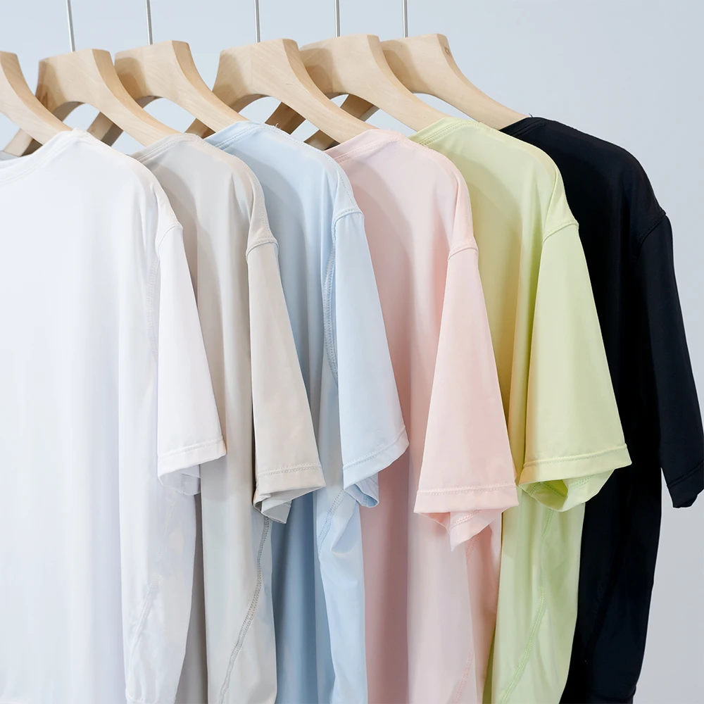 Sunscreen ice silk short sleeved yoga suit summer camping slimming loose elastic quick drying round neck soft T sports fitness