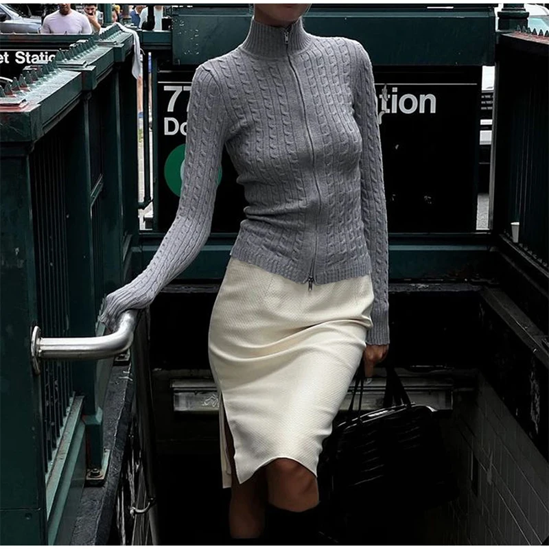 Casual Knitted Solid Zipper Sweater Woman Vintage Slim Fit Stand Collar Cardigan Sweaters Lady Autumn Versatile Street Knitwear