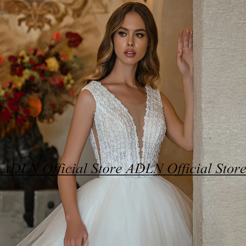 ADLN Ball Gown Wedding Dress Deep V Neck Sleeveless Applique Body RUffles Tulle Sweep Train Vestidos De Novia Bridal Dresses 3