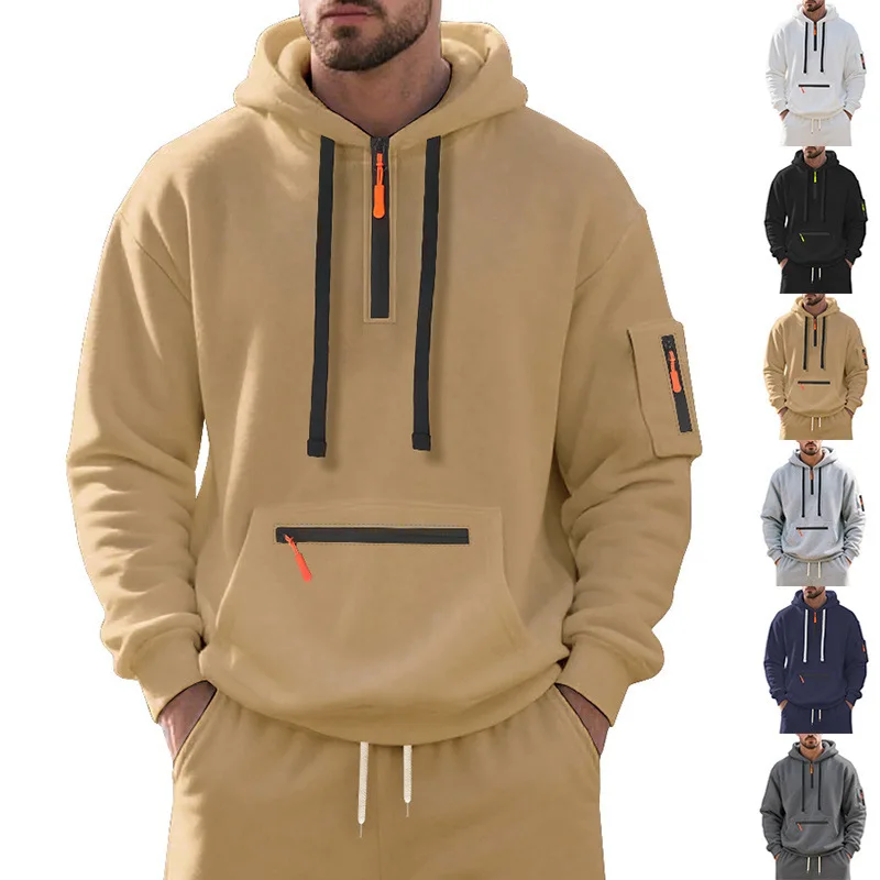 Mens Casual Autumn Winter Long Sleeve Zip Hooded Sweatshirt
