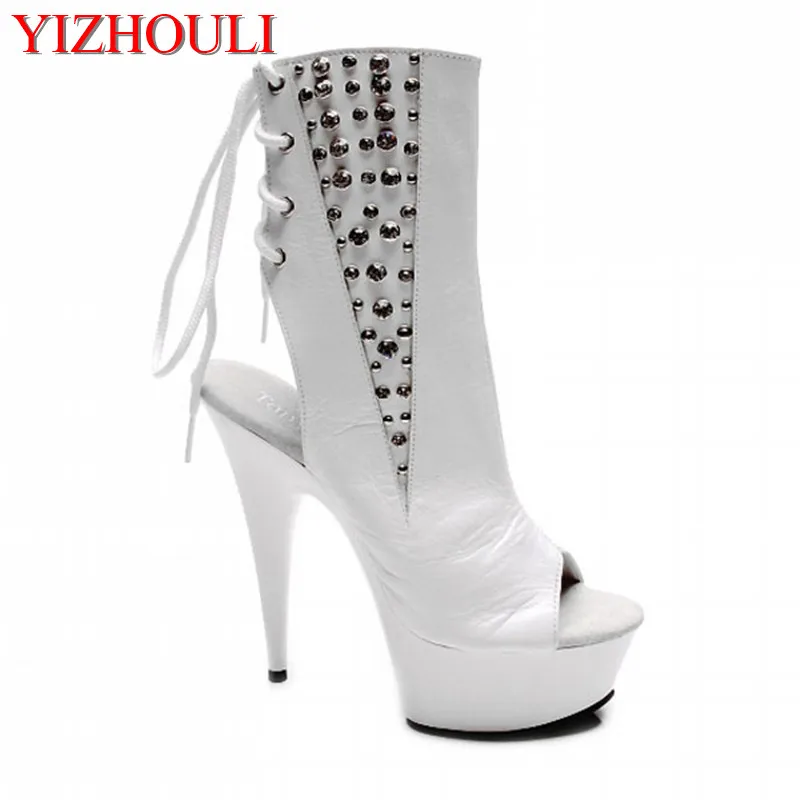 15 cm high heel boots, sexy bandage, rivet decoration boots, club fashion women's ankle dance shoes
