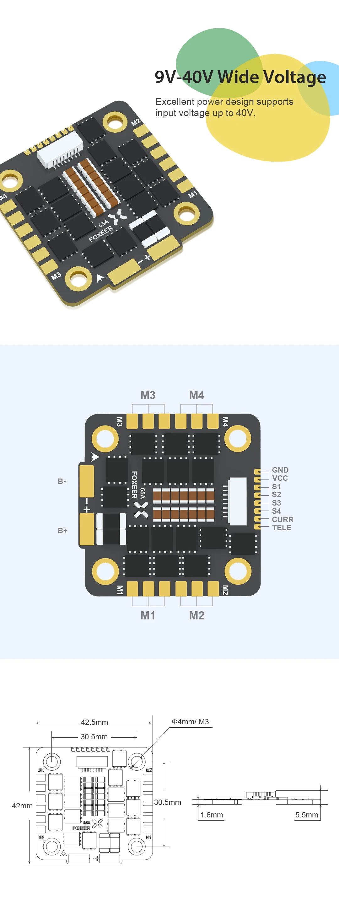 Description Picture 6 of itemFoxeer Reaper F4 128K 65A 30X30mm BLHELI32 4in1 Brushless ESC 3-8S DSHOT1200 for Flight Controller Stack RC FPV Racing Drone DIY