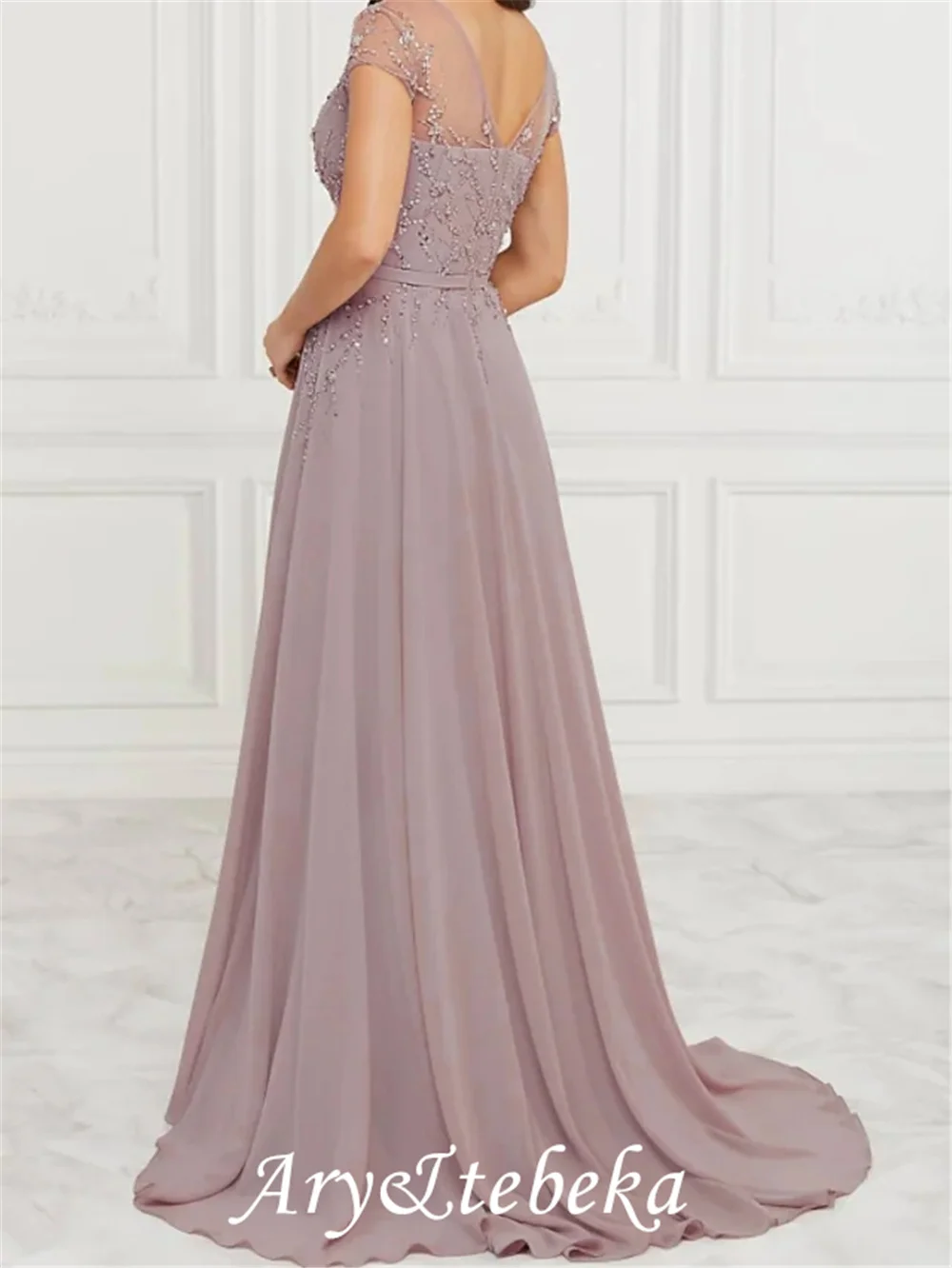 A-linie Mutter der Braut Kleid Elegante V-ausschnitt Bodenlangen Chiffon Spitze Kurzarm mit Falten Pailletten