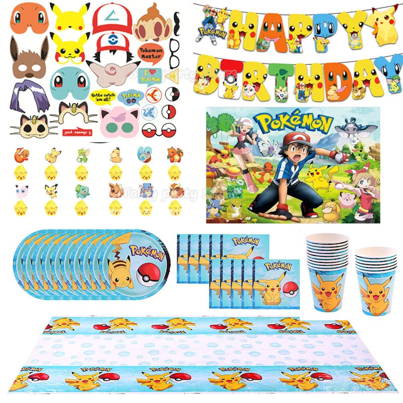 Cartoon Pikachu Theme Birthday Party Disposable Tableware Set Balloons Decorations Photo Props Background Pokemon Party Supplies party supplies