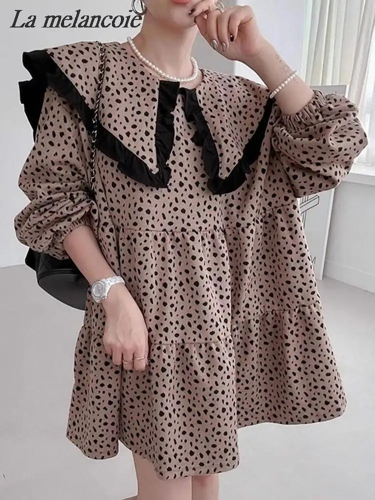 

Leopard Print Mini Dress Women Big Turndown Collar Long Lantern Sleeve Retro Dresses 2024 Spring New Elegant Casual Loose Robes