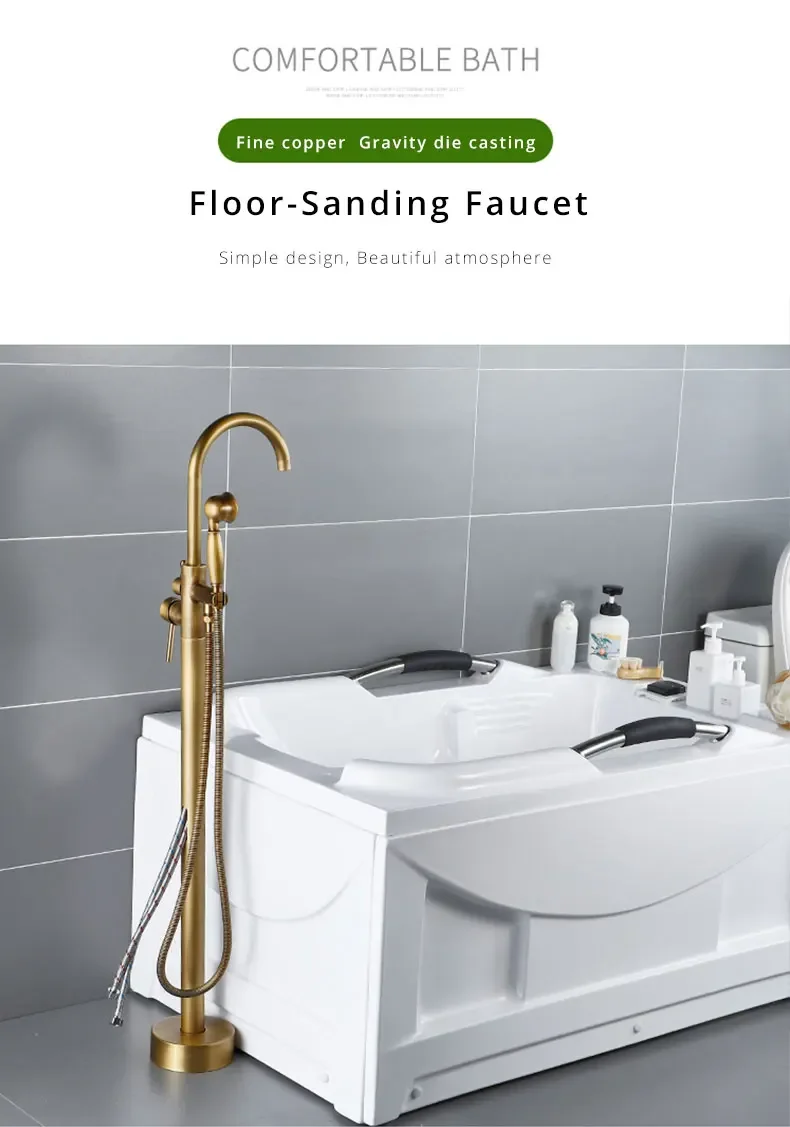 Description Picture 2 of itemAntique Brass Bathtub Faucet Floor Mounted Swive Spout Tub Mixer Tap with Handshower Handheld Bath Shower Water Set