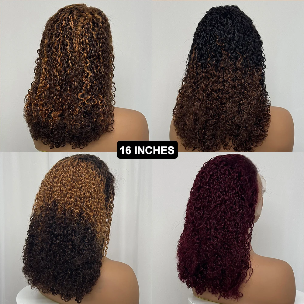 300% Density Burmese Pixie Cut Kinky Curly Human Hair Wig 99J Highlight 13x4 Transparent Lace Front Wig for Black Women 16 inch