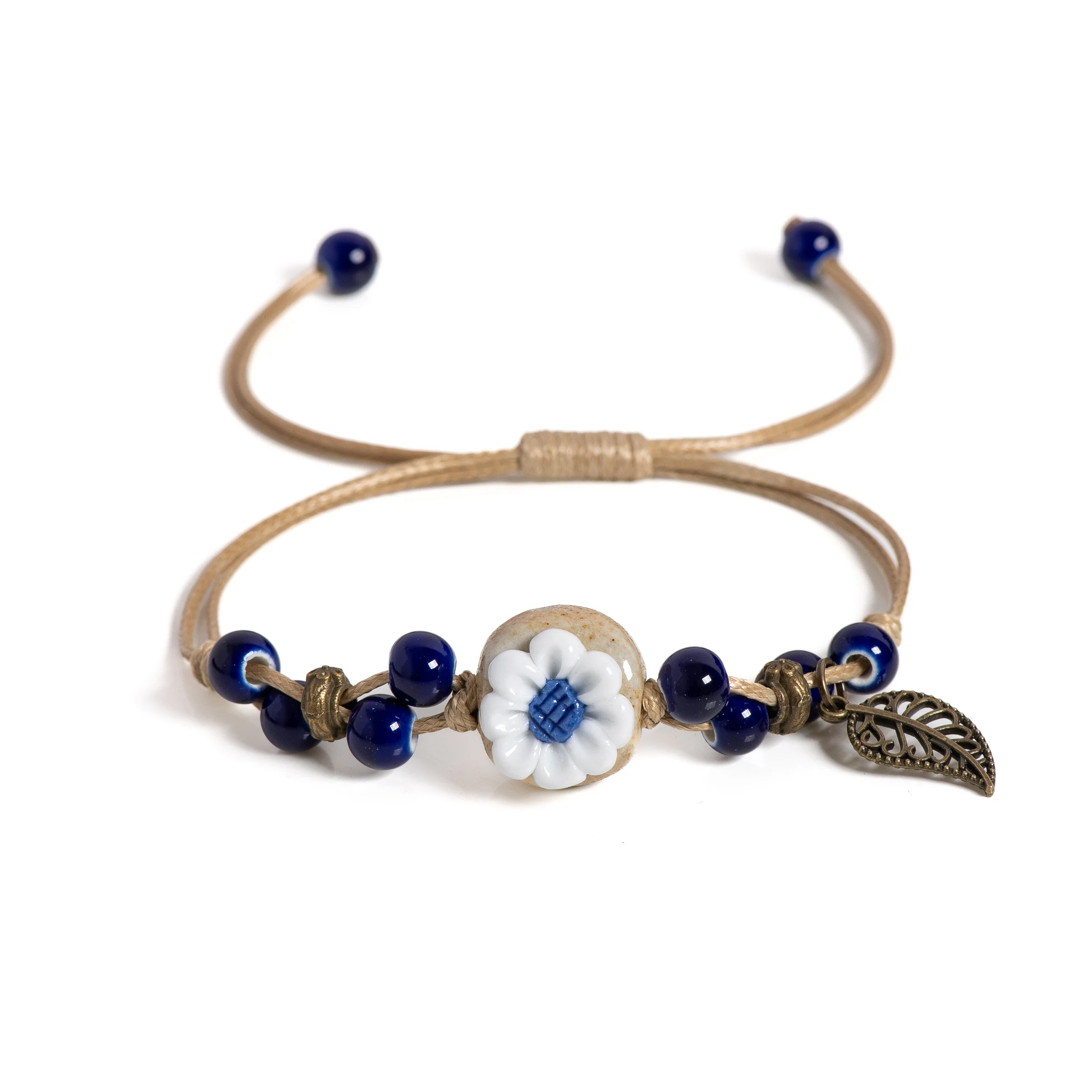 Böhmisches blaues Blumen-Charm-Keramik-Armband, verstellbarer handgefertigter Schmuck für Frauen, Vintage-Ethno-Stil S02-017