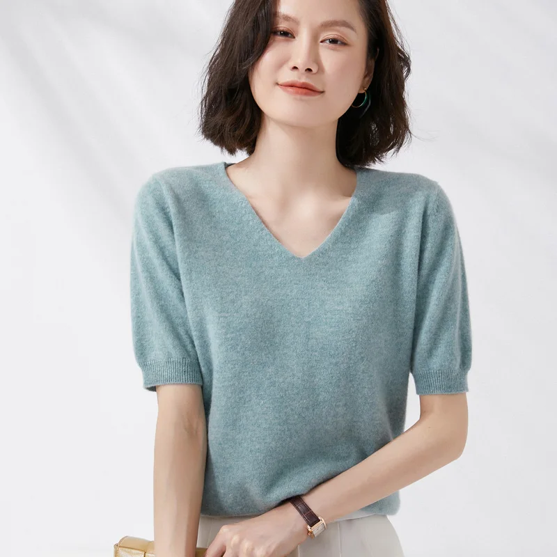 

Summer100%Wool Short Sleeve Ladies T-Shirt Solid V-Neck Pullover Thin Worsted Knit Top Half Sleeve Cashmere Sweater Female Trend