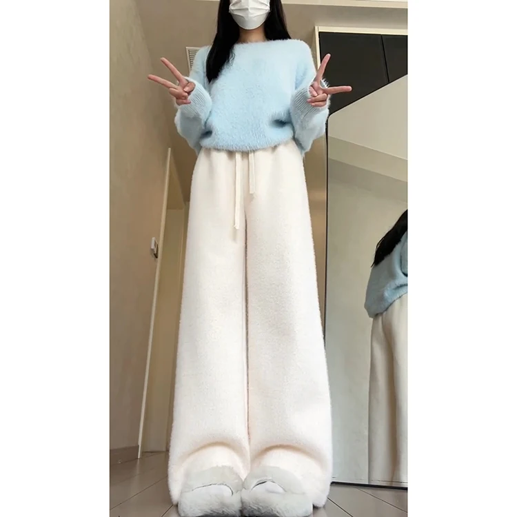 Skin-friendly  Fur Knitted Wide Leg Pants Women's Autumn Winter Thiened High Waist Long Straight Cut Commute Sle