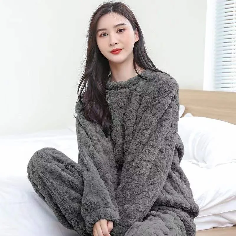 

Winter Warm Flannel Women Pajamas Set Autumn Thicken Coral Velvet Long Sleeve Sleepwear Lady Plush Pyjama Pants Set Home Clothes