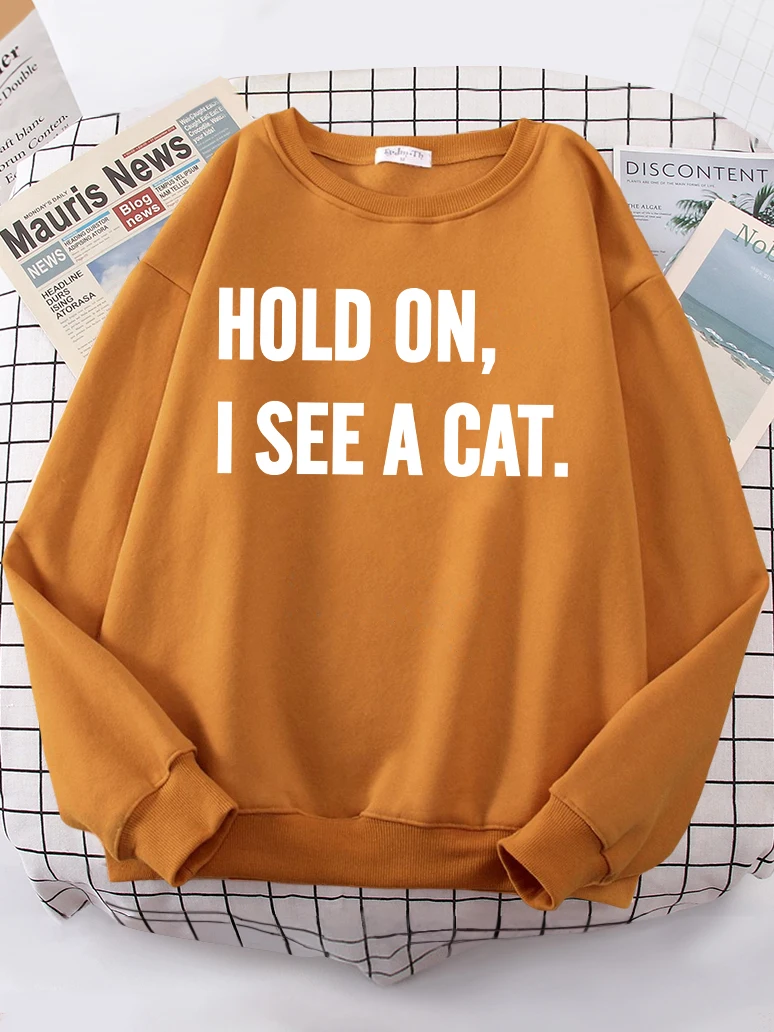 

Hold On，I See A Cat Letter White Printing Hoodie Women Loose Fashion Tops Pullover Funny Girl Hooded Hip Hop Women Sweatshirt