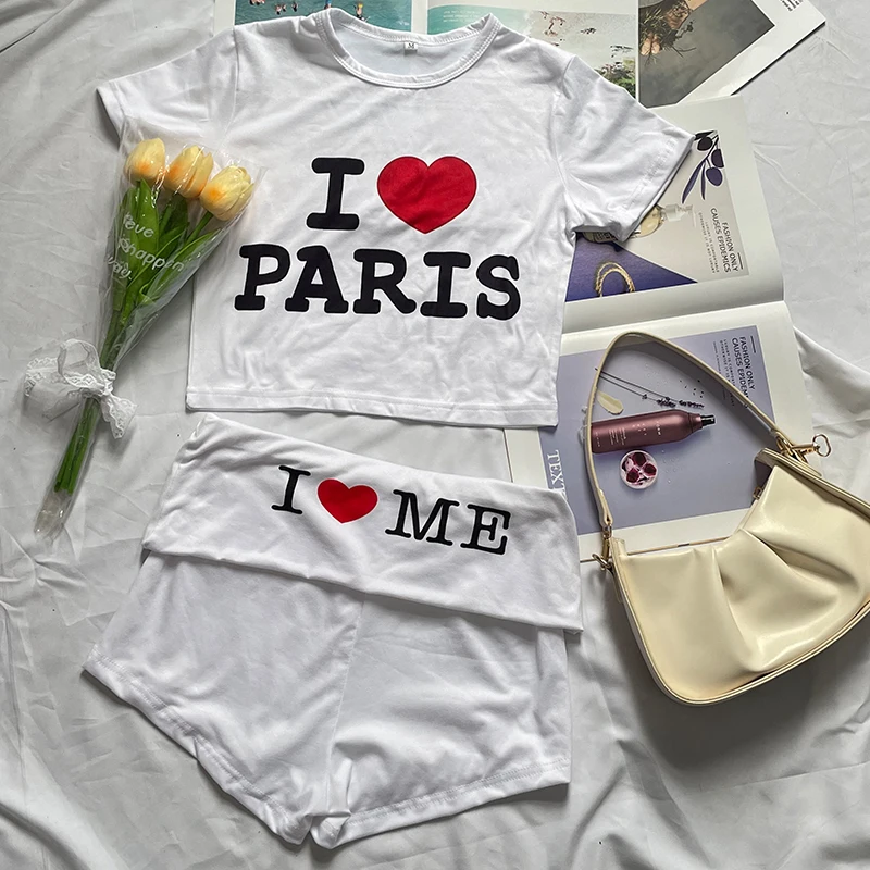 

2023 New Sexy Women's Two Piece Sets Slim Tops+shorts Pants Outfit Cute Heart Graphic T-Shirt Baby Tee Shorts Set Summer Goth