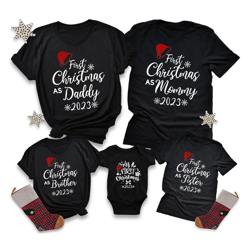 

First Christmas As Daddy Mommy Brother Sister Baby Family Matching Outfits Funny Cotton Matching Xmas Party Tshirts Clothes