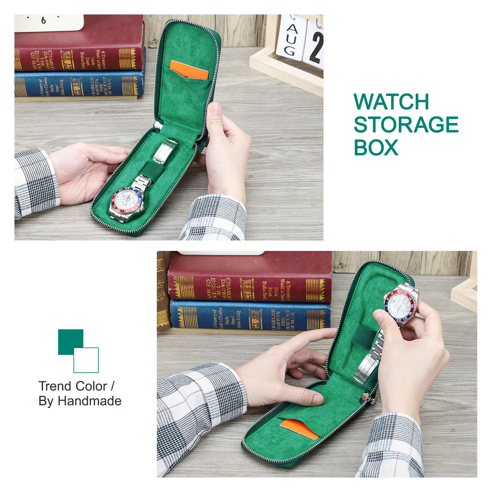 Vintage Handmade Cowhide Leather Single Slot Watch Case Display Jewelry Bracelet Storage Box with Card Slot Watch Display Stand