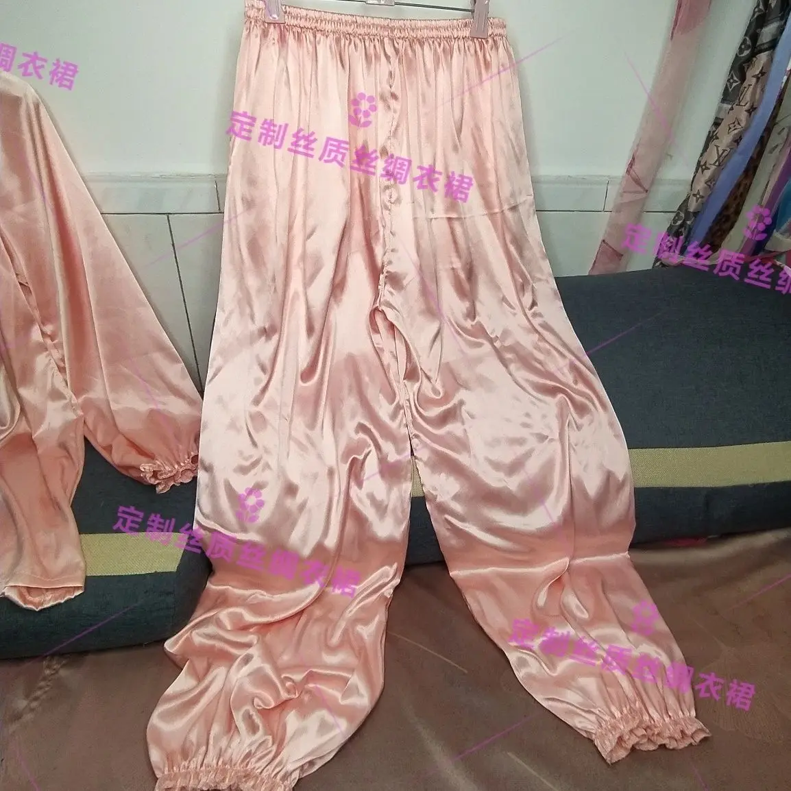 Glossy satin two-piece set pajamas Women long sleeve silk loose sleeping plus size top pants