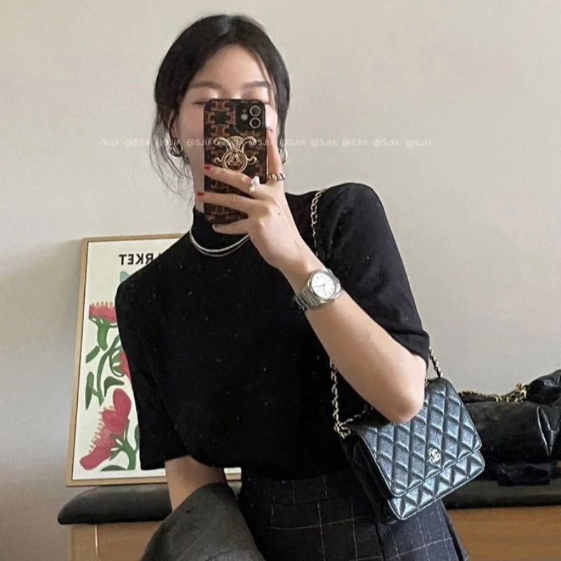 하프 하이 칼라 두꺼운 샌딩 탑 기본 반팔 티셔츠 보터밍 셔츠 이너웨어 여성 의류, 봄 2023 신제품 