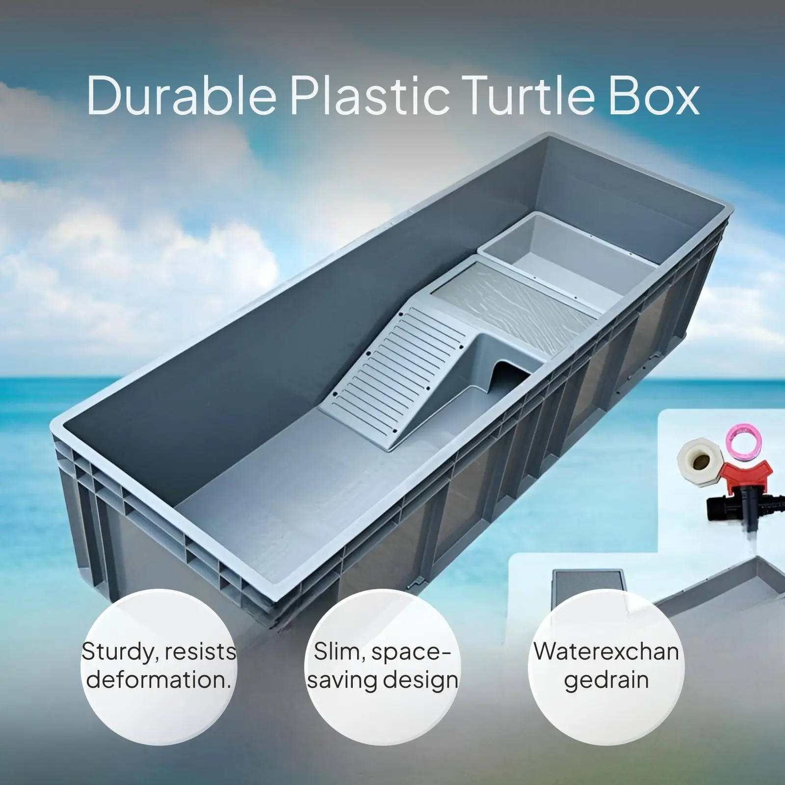 Rectangular Turtle Habitat with Drain, Space-Saving Design