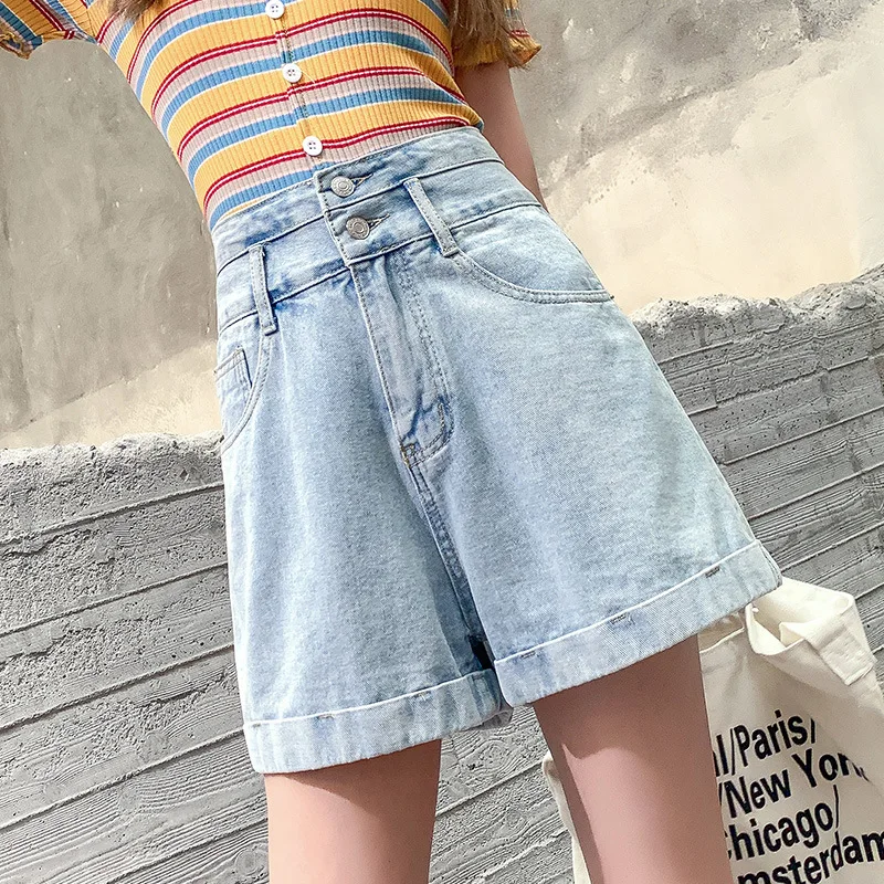 2024 Summer Woman High Waist Denim Shorts Loose A-line Wide-leg Jeans Female Solid Fashion Casual Shorts with Buttons Streetwear