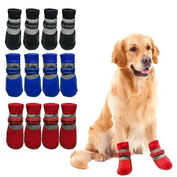 4PCS Cute Waterproof Winter Dog Shoes Warm Anti-Slip Dog Snow Shoes Soft Sole Adjustable Dog Foot Covers for Small Dog Chihuahua