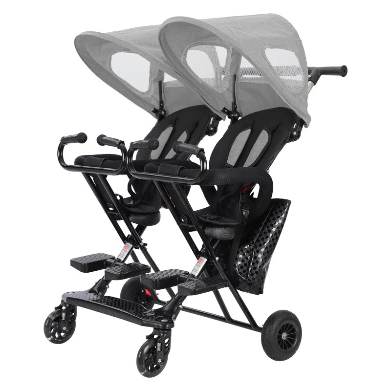 

portable Twin car baby stroller foldable kids sitting and lying large pedal trolley detachable shed black