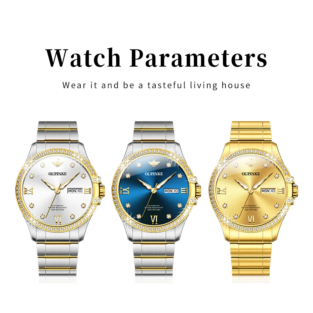 OUPINKE Top Brand Men Watch Imported Fully Automatic Mechanical Watch With Movement Waterproof Diamond Dial Week Calendar Watch